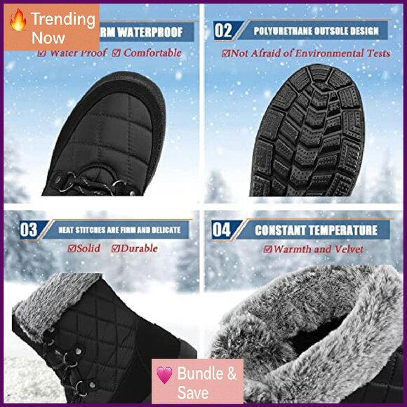 Women's Waterproof Snow Boots Mid Calf Faux Fur Lace Up Non Slip Winter - Picture 4 of 6